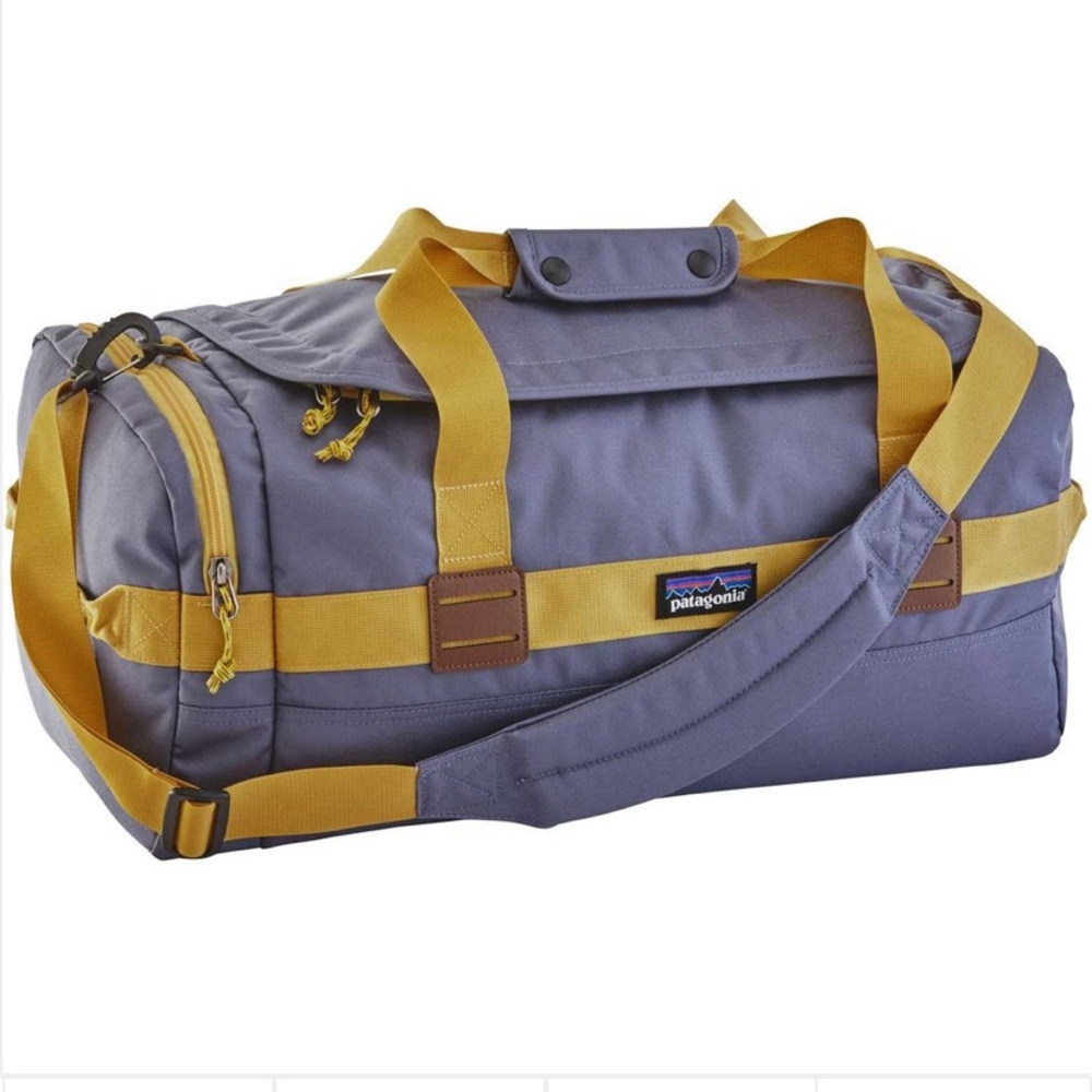 Patagonia duffle bag in lupine and mustard yellow